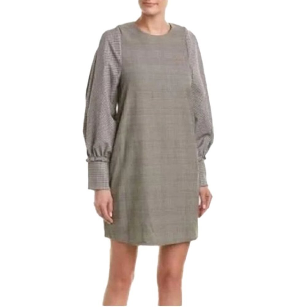 🆕 $298 BCBGMAXAZRIA SzS BALLON LONG SLEEVE SHIFT DRESS HOUNDSTOOTH BLACK MULTI